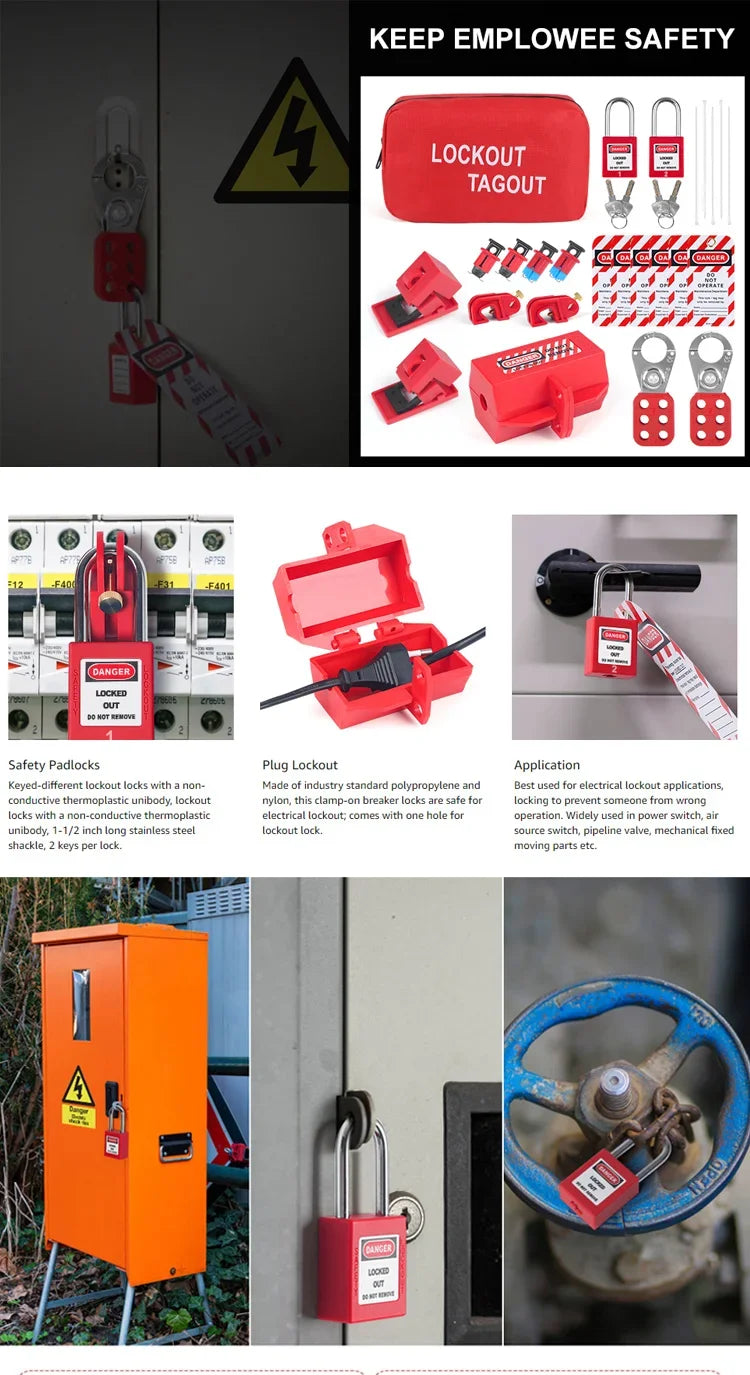 Red Electrical Lockout Tagout LOTO Kit with Pocket Bag Includes Safety Hasp Warning Tags Circuit Breaker Locks Nylon Ties