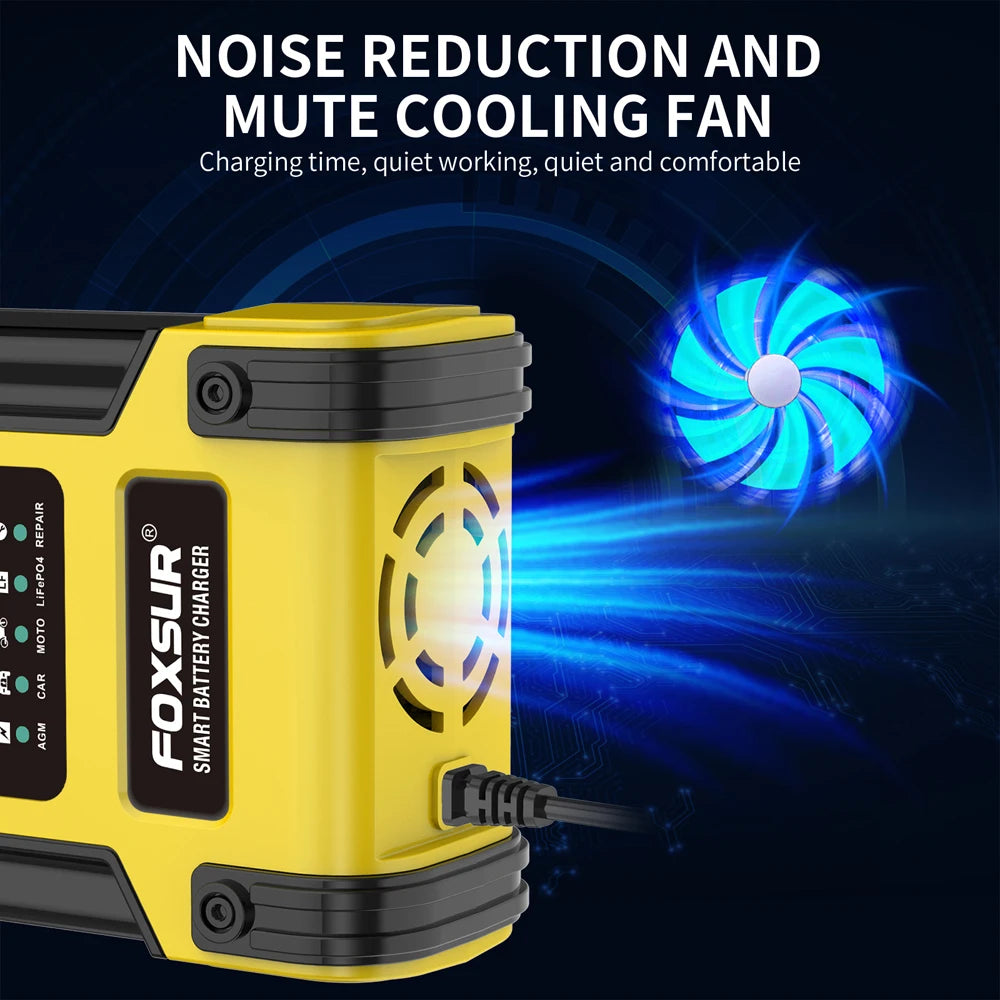 Foxsur Full Automatic Car Battery Charger 12V 12A Digital Display Battery Charger Power Pulse Repair Chargers Wet Dry Lead Acid