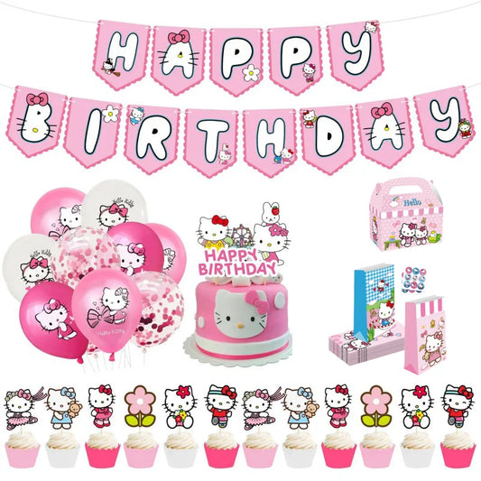 Cute Cartoon Kitty Cat Balloons Set First 5th 6th Birthday Decoration Baby Shower Globos Hello Cake Topper Backdrop Candy Box