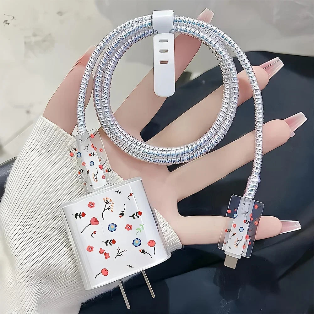 5pcs/set Hybrid Floral Charger Protector For iPhone 20w Charger Cable Management  Wire Organizer  Silicone Cable Organizer