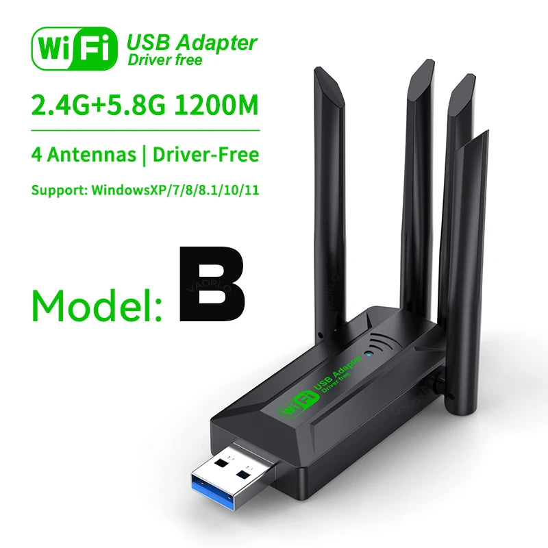 Dual Band 1200Mbps WiFi USB Adapter 2.4G/5.8Ghz Wi-Fi5 Dongle 4 Antenna USB3.0 Wireless Receiver For PC/Laptop No CD Driver Free