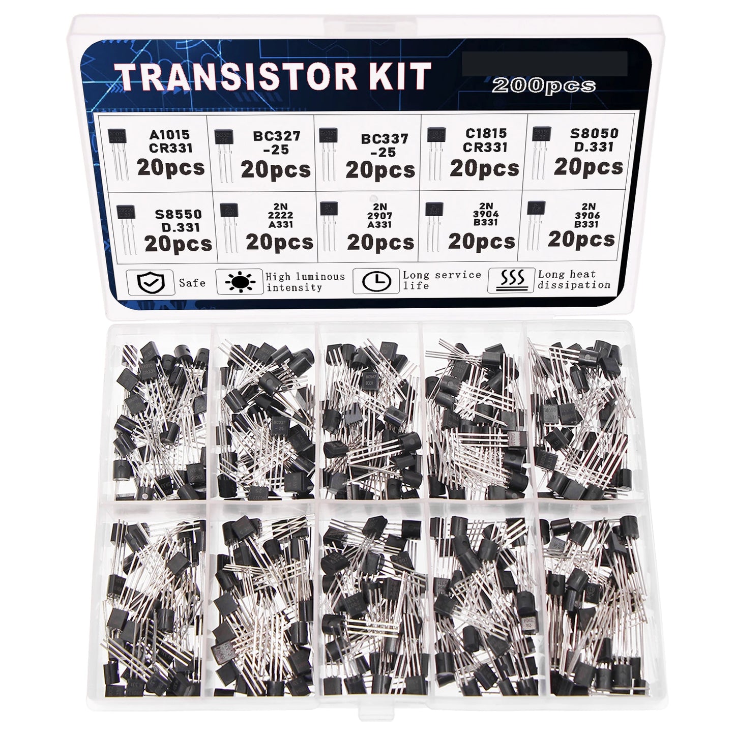 200pcs BJT Transistor Kit 10 Values A1015 BC327 BC337 C1815 S8050 S8850 2N2222 2N2907 PNP NPN Bipolar Power Transi