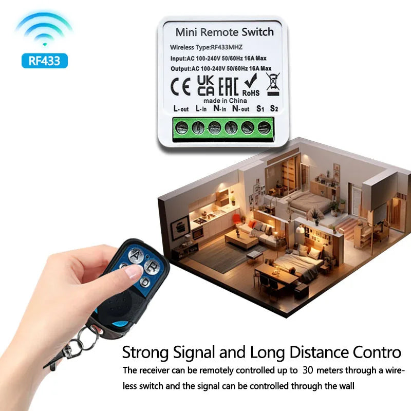 433MHz Wireless Lights Switch Remote Control 4 Key RF Relay Receiver ON/OFF Button 16A AC 100-240V For Led Bulb DIY Garage Doors