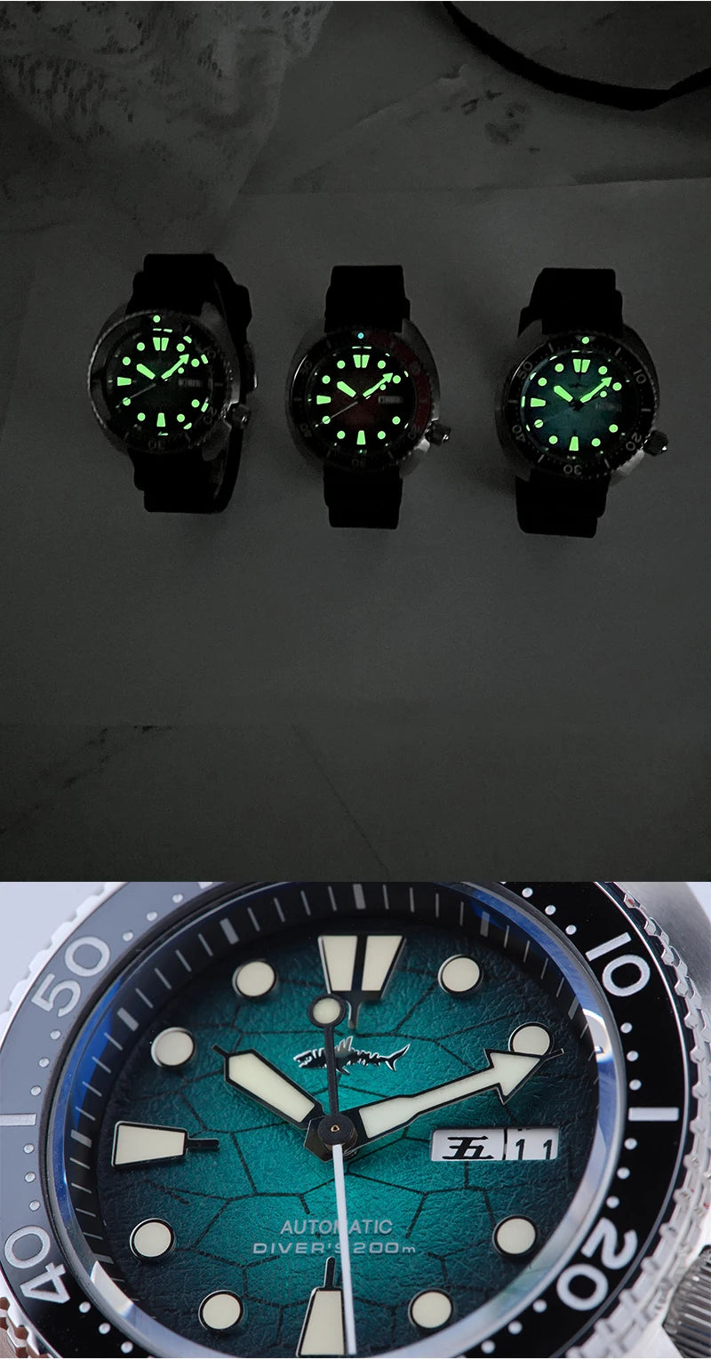 HEIMDALLR Turtle King Mens Diver Mechanica Watch Sapphire 200m Water Resistant  316L Steel C3 BGW9 Luminous NH36 Automatic Watch