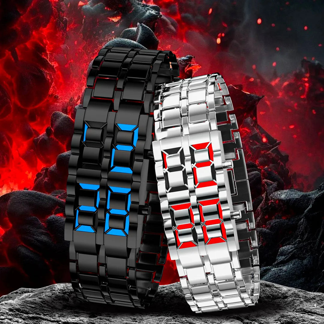 Fashion Mens Digital Lava Wrist Watch Men Black Full Metal Red Blue LED Display Watches Gifts for Male Boy Sport Creative Clock