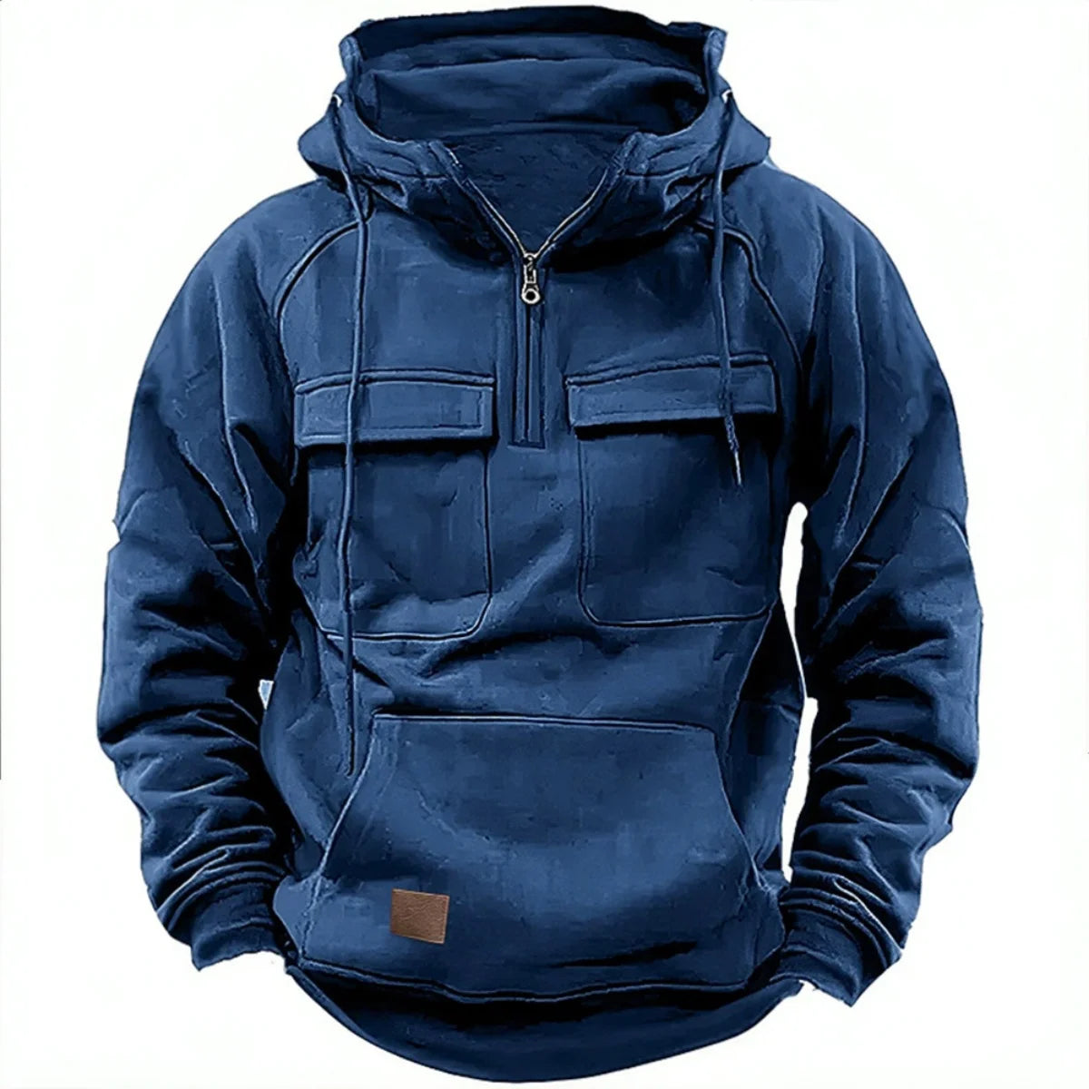Fashionable Youth Men's Hoodie Solid Color Casual Autumn/Winter Pullover with Multi Pockets Patch Design