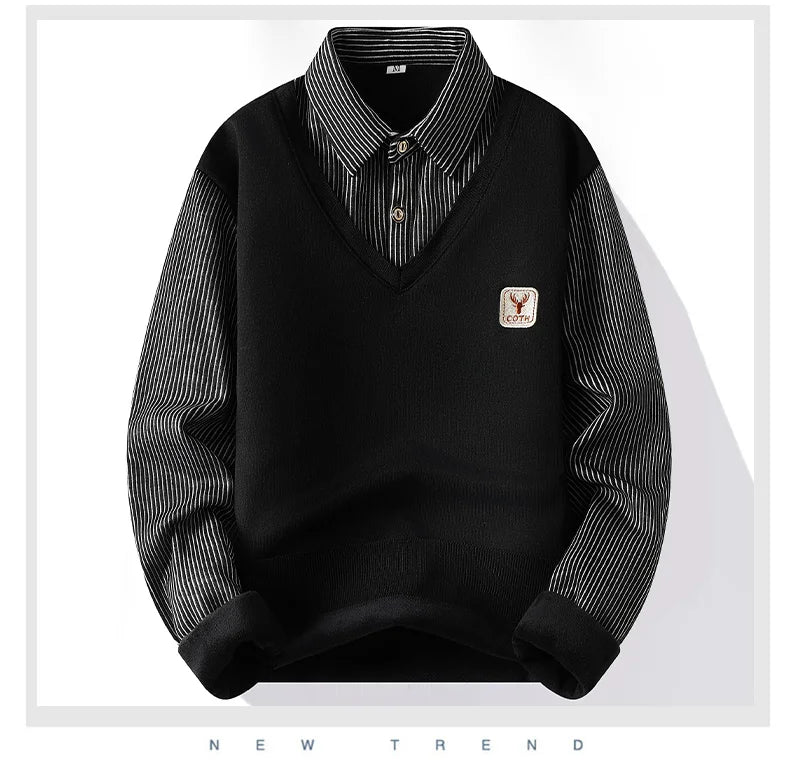 Male Fleece Polo Shirt Men's Pullover Autumn Winter T-shirt Collar Sweaters Cold Blouse Navy Blue Khaki Korean Clothing