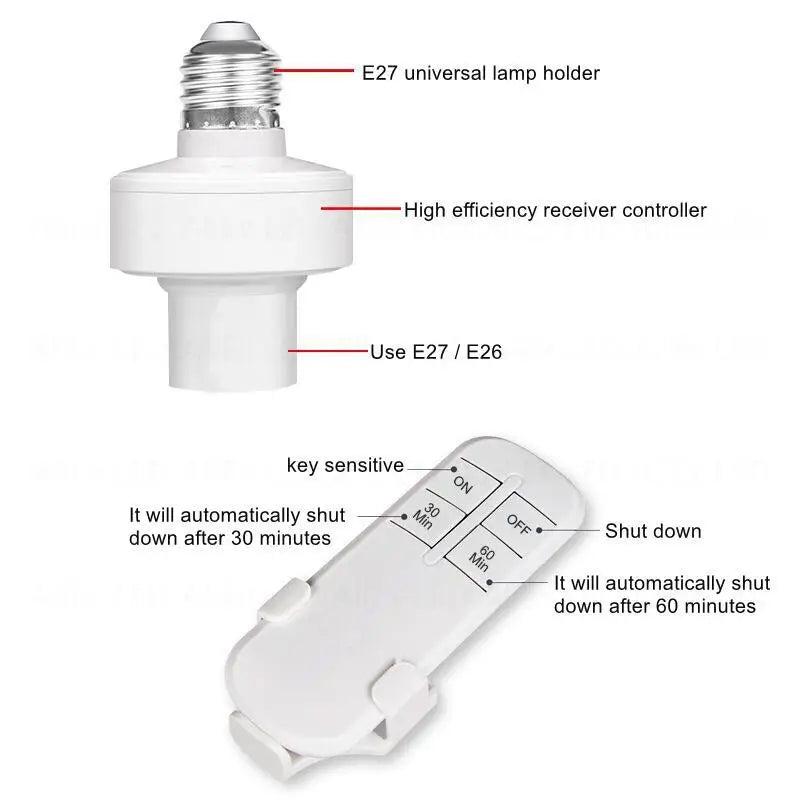 Smart Remote Control Light Switch E27 LED Lamp Wireless Timer Holder Bulb Base Socket On/Off 30M Range For Ceiling Chandelier