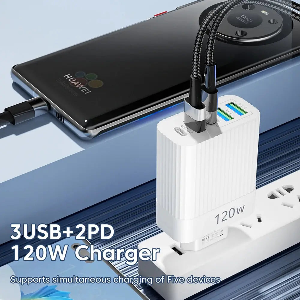 Total 120W USB Charger Quick Charge Multi Ports Fast Charging Phone Charger For iPhone Samsung Xiaomi Huawei Type C Wall Charger