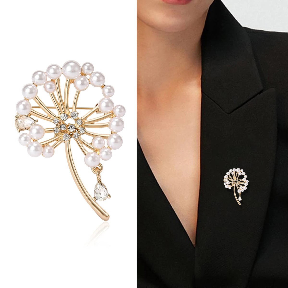 Rhinestone Dandelion Pins for Women Pearl Plant Brooches Banquet Party Backpack Gifts Jewelry Accessories