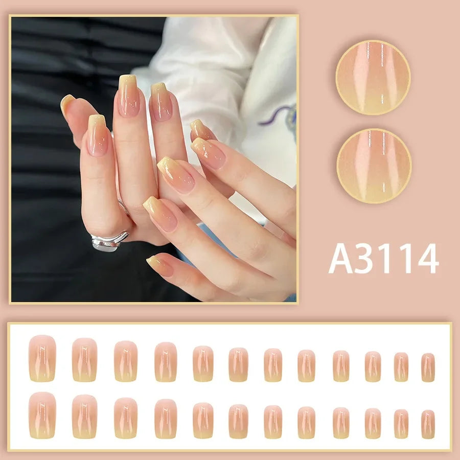 Watercolor Rose Fake Nail with Jelly sticker Press on False Nails Wearable Round Head Oval Full Cover Nail Tips