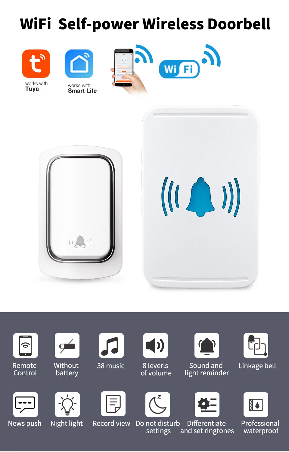 Wireless WiFi Bell Tuya no battery required Waterproof external wireless bell Smart life app smart door bell setting