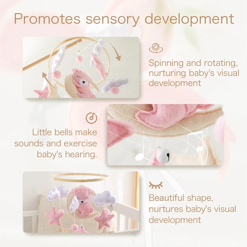 Crib Mobile Rattle Baby Wooden Bed Bell Baby Rattles Soft Felt Cartoon Bear Toys Crib Mobile Bed Bell Wood Toy Bracket Kid Gifts