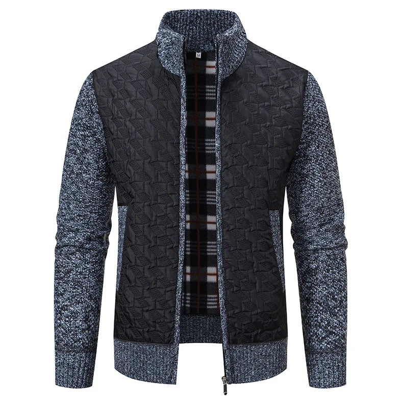 Mens Sweaters Jacket Full Zip Fleeced Sweater Cardigan Plaid Stand Collar Sweaters Coat Autumn Winter Homme Clothes