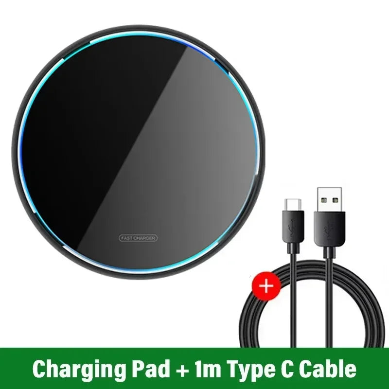 100W Metal Wireless Charger Pad Led Light for iPhone 16 15 14 13 12 Pro Max Samsung Xiaomi Mini Fast Wireless Charging Station