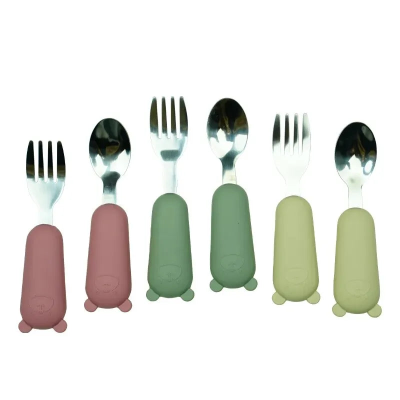 Children's Fork Spoon Set Baby Fork Spoon Short Handle Stainless Steel Silicone Baby Products Baby Food Solid Feeding Spoon Fork