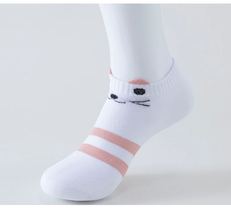 5 Pairs of WOMEN'S Short Socks, Pink Cat Thin, Cute All Season Boat Socks, Slow Top, Fashionable Boat Socks
