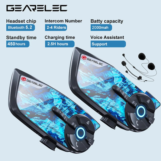 GEARELEC Motorcycle Helmet Intercom Bluetooth Headset 4 Riders 1500M IP67 Helmet Communication System Music Sharing Motorbike