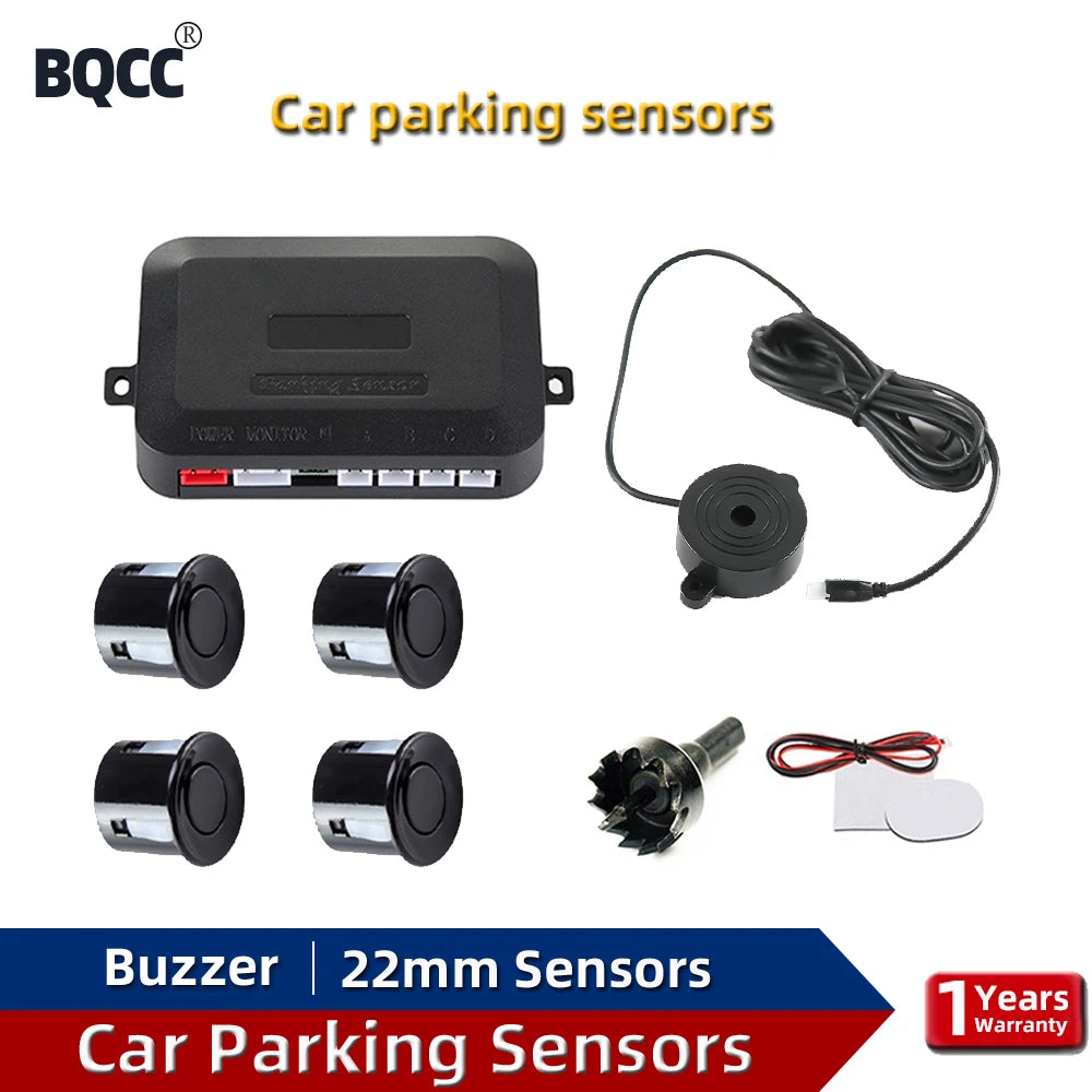 BQCC Car Parking Sensor Kit 22mm 4 Sensors Buzzer Reverse Backup Radar Sound Alert Indicator Probe System 12V Free Shipping