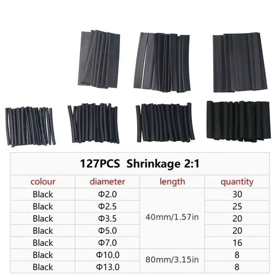 127Pcs/lot Black Heat Shrink Sleeving Set Thermoresistant Tube Shrink Wrapping Wire Cable Polyolefin Wrap Tubing