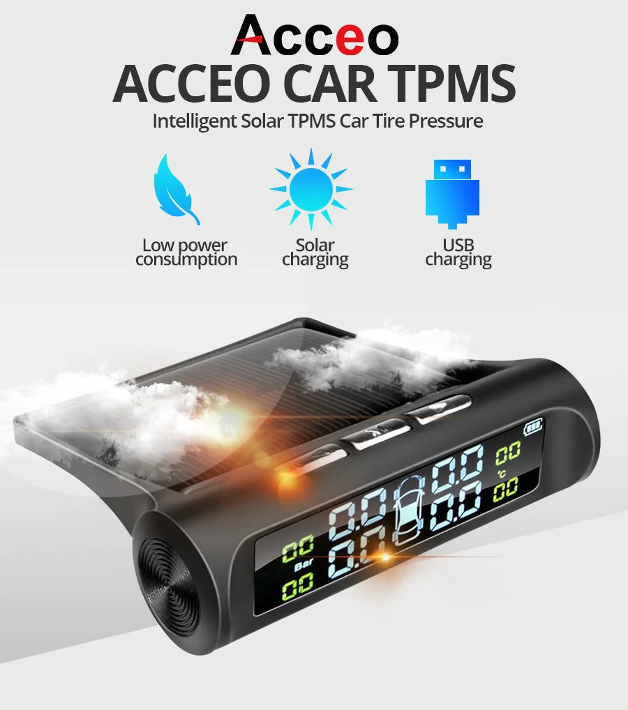 Smart TPMS Car Tire Pressure Alarm Monitor System 4 Sensors Display Solar Intelligent Tyre Pressure Temperature Warning