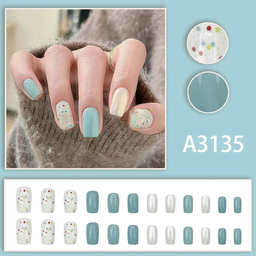 Watercolor Rose Fake Nail with Jelly sticker Press on False Nails Wearable Round Head Oval Full Cover Nail Tips
