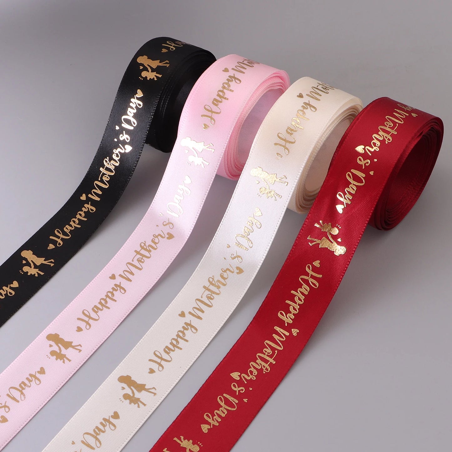 5 Yards Happy Mother's Day Ribbon, Pink Red Ribbon for Gift Wrapping, Satin Ribbon for Flower Bouquet Moms Birthday Day Thank