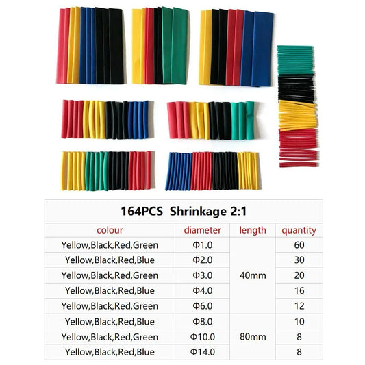164PCS 2: 1 Cable Shrink Tube Kit Heat Assorted Pack Thermoretractile Insulation Sleeving Cable Wire Shrink Wrapping for DIY