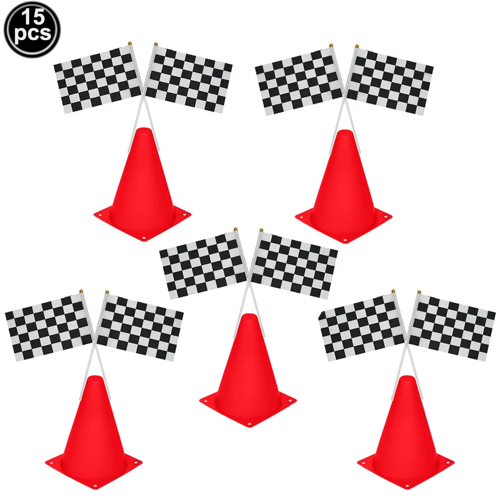 Traffic Cones and Racing Checkered Flags Black White Flags Kids Racing Theme Decorations for Race Car Birthday Party Supplies