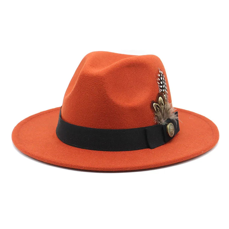 White Woolen Gentleman Classic British Jazz Feather Top Hat Wide Brim Party Church Wedding Fedora Hats Men Women Panama Felt Cap