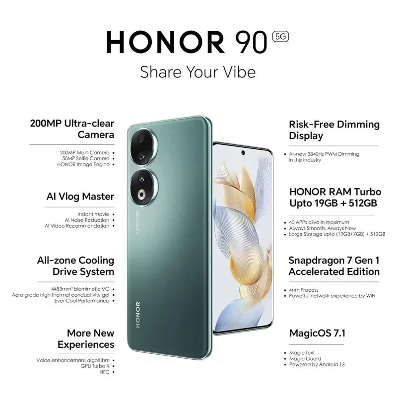 HONOR 90 5G 6.7 Inch OLED Snapdragon 7 Gen 1 200MP Ultra-Clear Camera 5000mAh 66W Supercharger 120Hz 2023 New