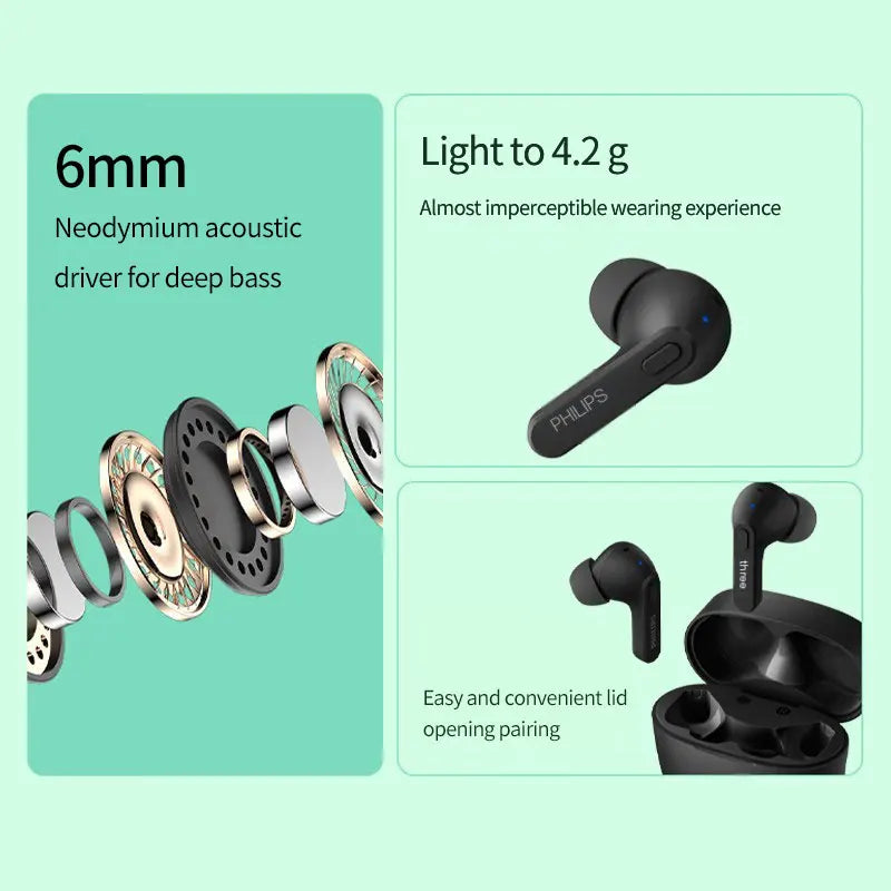 PHILIPS TAT2206 TWS Wireless Bluetooth Earphones Waterproof IPX4 SBC Sports Headset 500mAh Low Latency Gaming Headphone with Mic