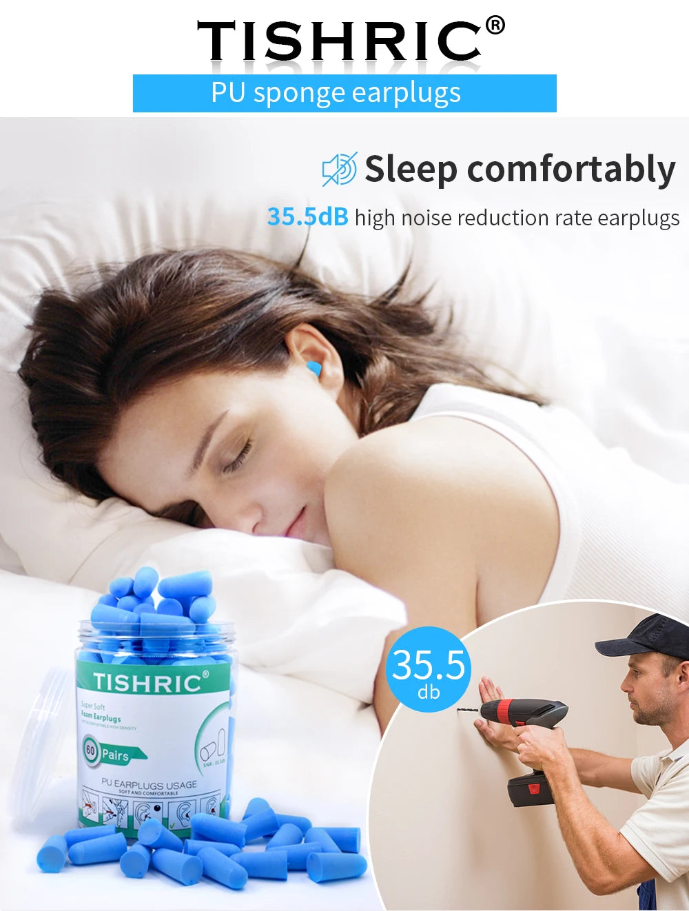 TISHRIC Earplugs Soft Sponge Ear Plugs Noise Reduction Sleeping Earplug  Travel Noise Reduction Rate 35.5db Sound Insulation