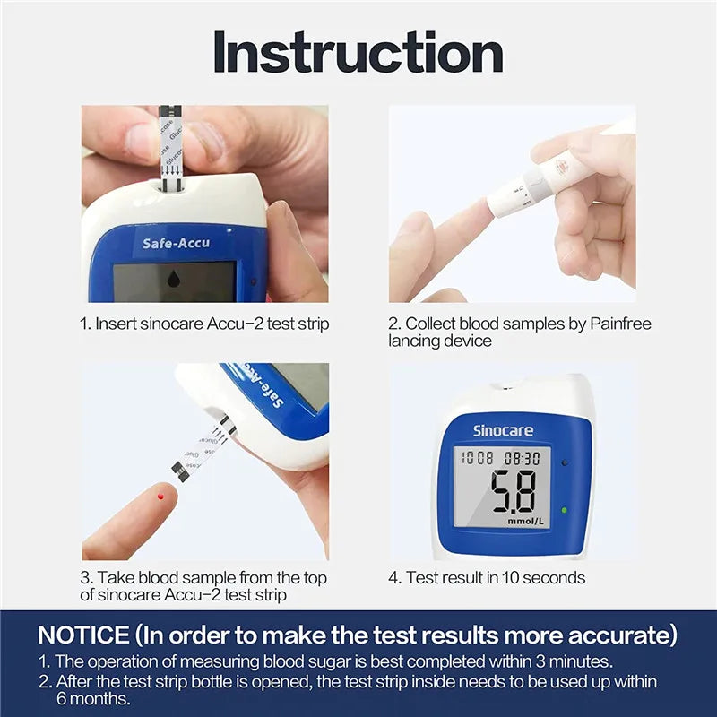 Sinocare Safe Accu2 Blood Glucose Meter Blood Sugar Test Kit Diabetes Home Glucometer with 50pcs Strips or only strips