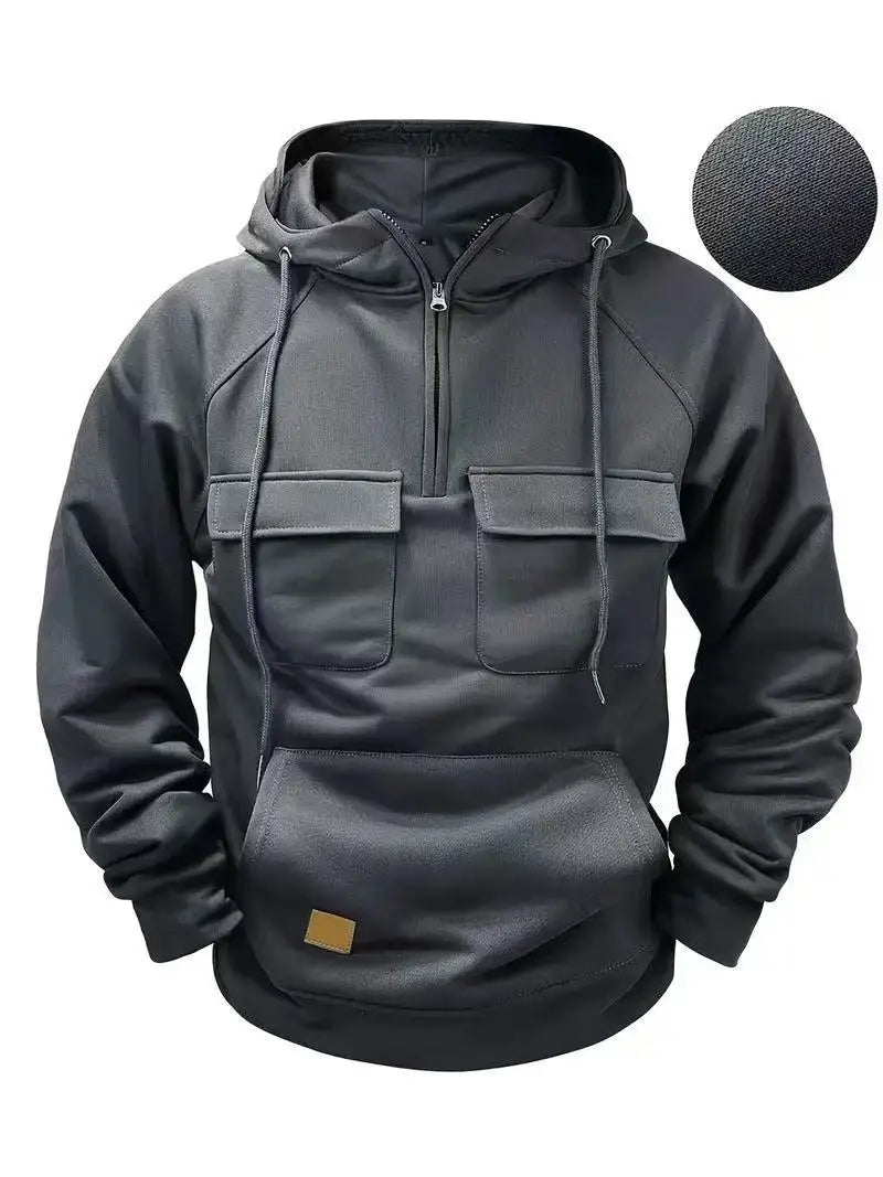 Fashionable Youth Men's Hoodie Solid Color Casual Autumn/Winter Pullover with Multi Pockets Patch Design