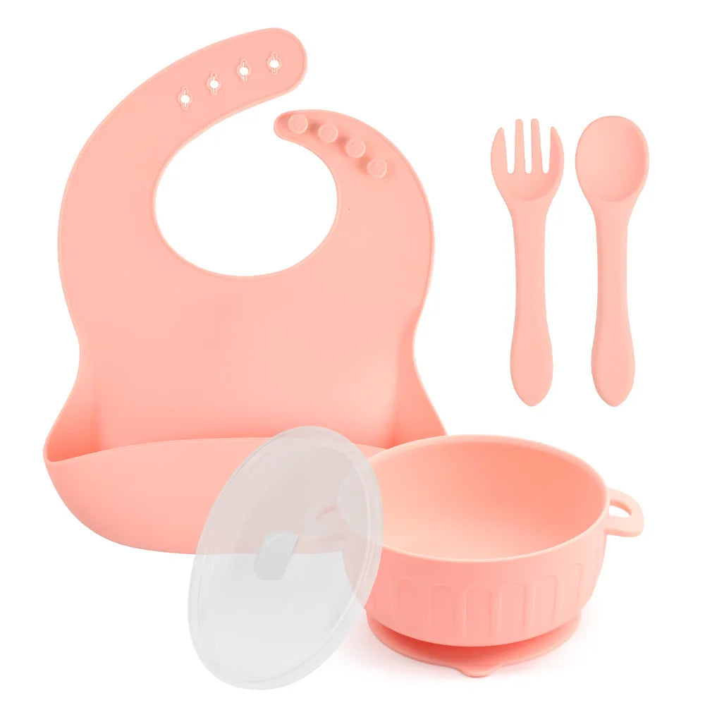 Mother Kids Baby Silicone Feeding Set Sucker Plate Antislip Bowl Spoon Cup Children Tableware Safe Non Toxic Dishwasher Safe