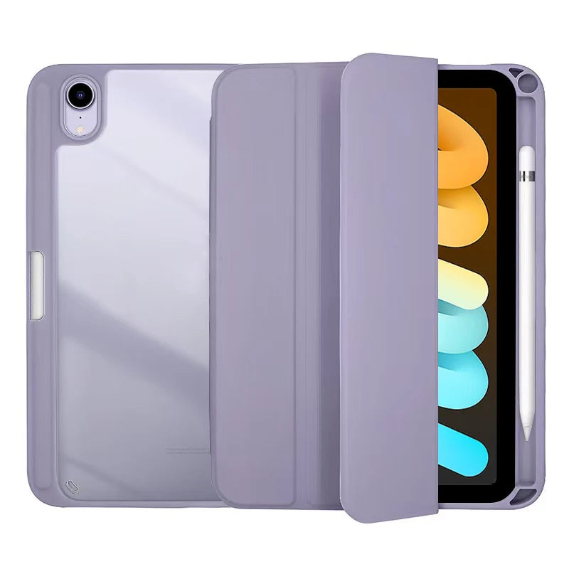 Flip Tablet Cover For iPad Mini 6 8.3'' 2021/Mini 7 2024 (A17 Pro) A2995 Acylic Back Case With Pencil Holder Auto Wake up /Sleep