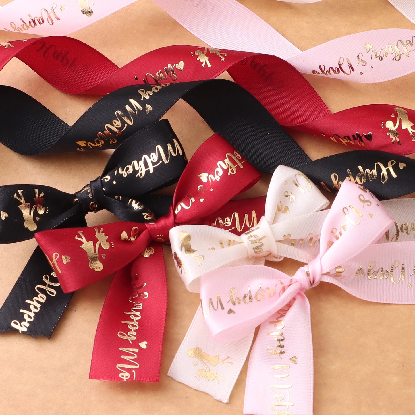 5 Yards Happy Mother's Day Ribbon, Pink Red Ribbon for Gift Wrapping, Satin Ribbon for Flower Bouquet Moms Birthday Day Thank