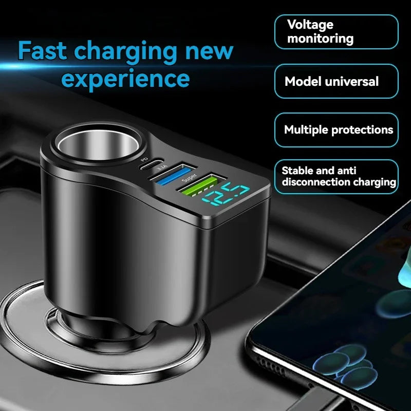 New digital display car fast charging dual USB car charger car one to three cigarette lighter 66W car multifunctional charger