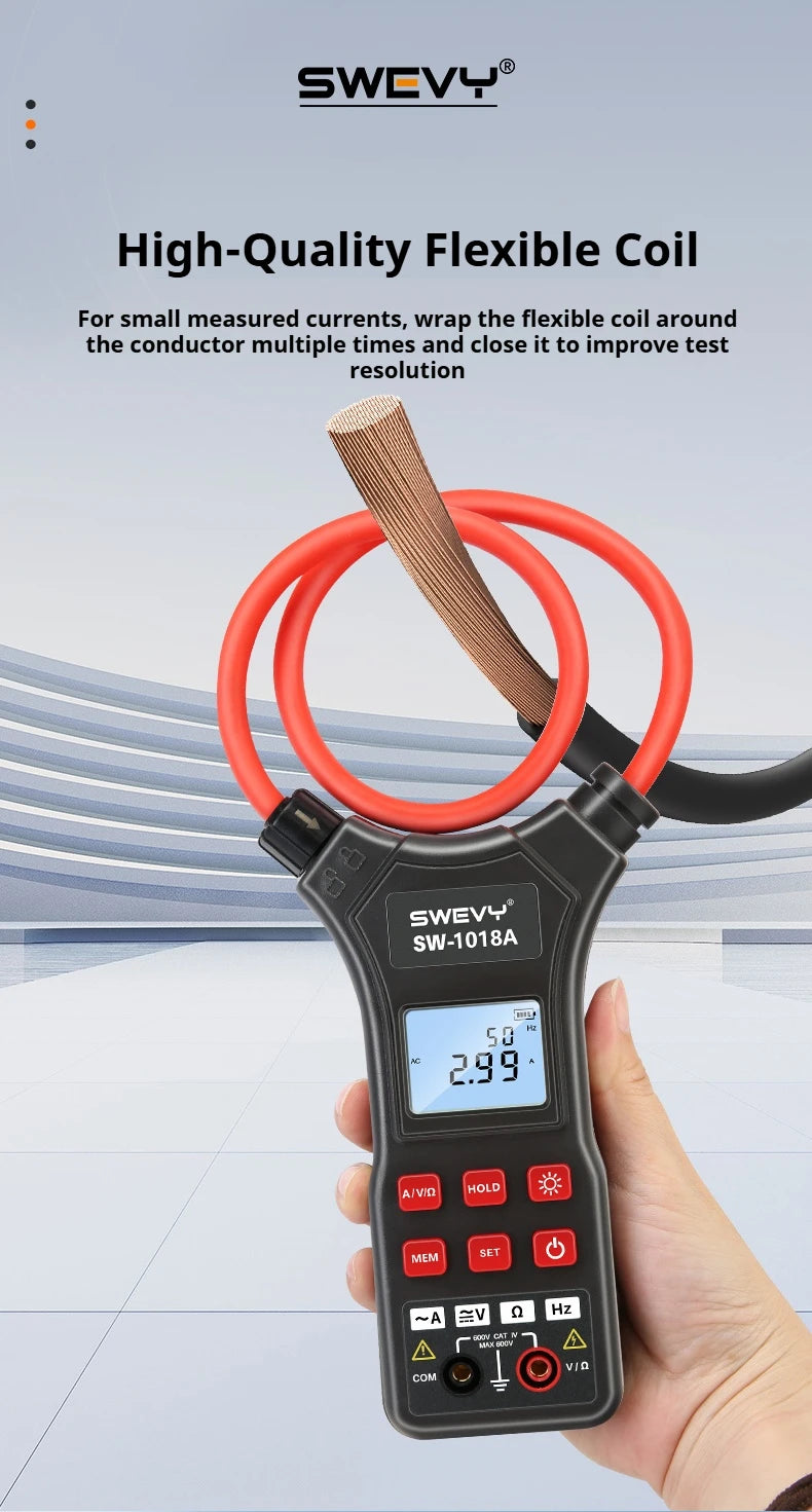 SWEVY SW1018A LCD Backlight Digital Flexible Current Clamp 0 mA - 9999A AC/DC Voltage, AC Current, and Resistance Test Multimete