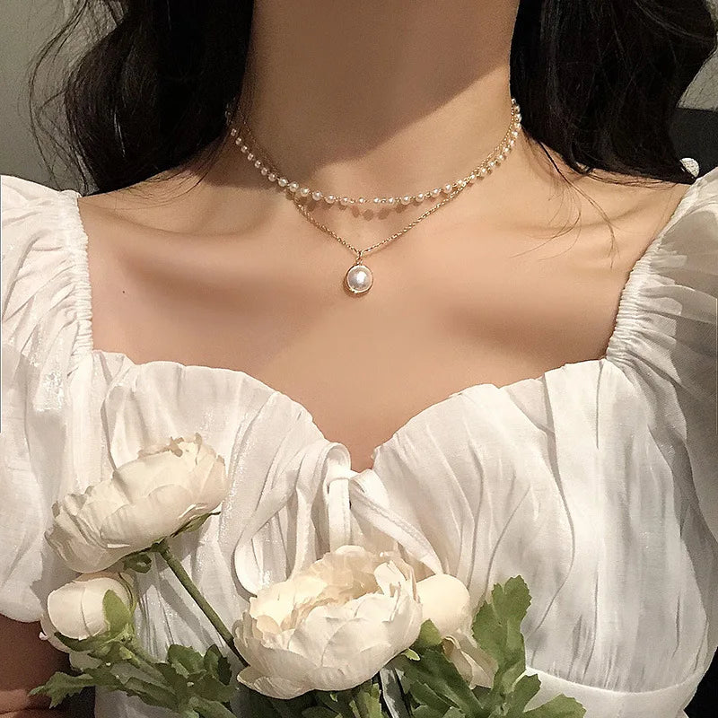 2024 New Women Pearl Necklace Kpop Gold Color Beads Pendant Necklaces Goth Double Layer Chain Choker for Women Fashion Jewelry