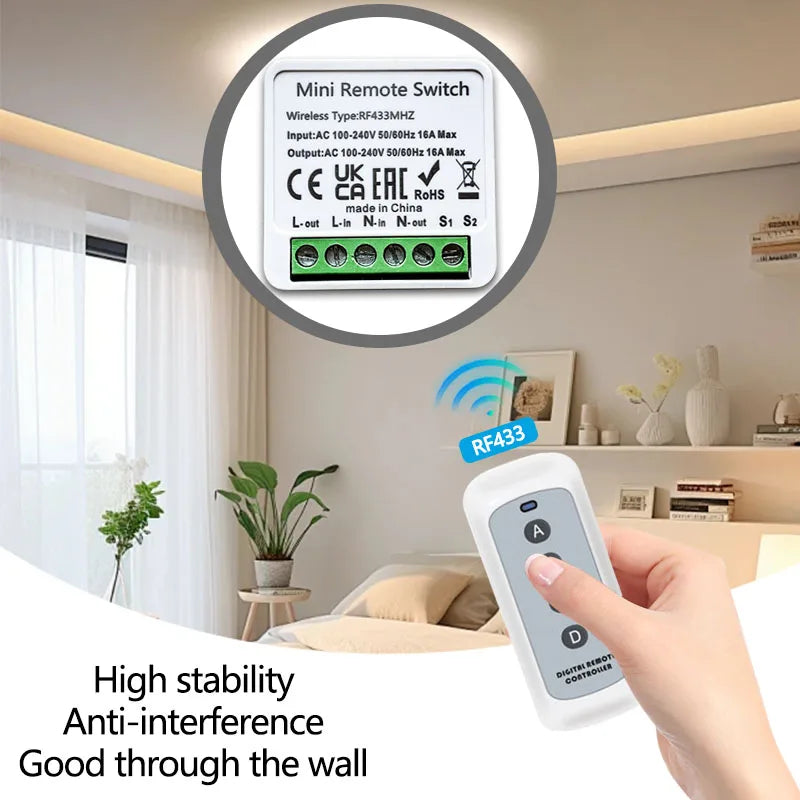 Smart Wireless Switch 433Mhz 16A 4Key RF Switch Module Remote Control AC 100V-240V Mini Relay Receiver Light Fan Garage Door