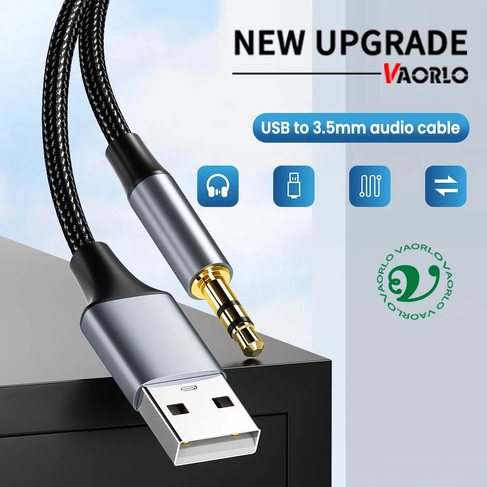 VAORLO USB to 3.5mm Audio Cable Male to Male Stereo USB-A to 3.5 Jack AUX Adapter Wire Headphone Speaker for Laptop PC TV Car