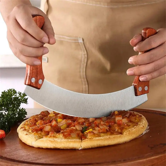 Pizza Knife Nougat Double Wooden Handle Stainless Steel With Curved Scraper Cutter Baking Tool Kitchen Bakeware