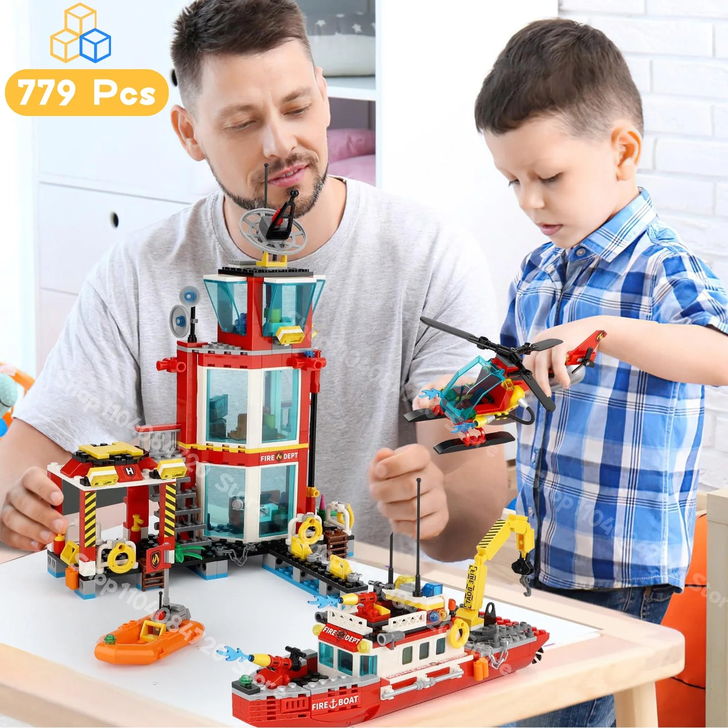 City Oceans Fire Station Building Kit fire Station Set with Fire Station/Fire Helicopter/Fire Ship/Rescue Boat, Gifts for Boys