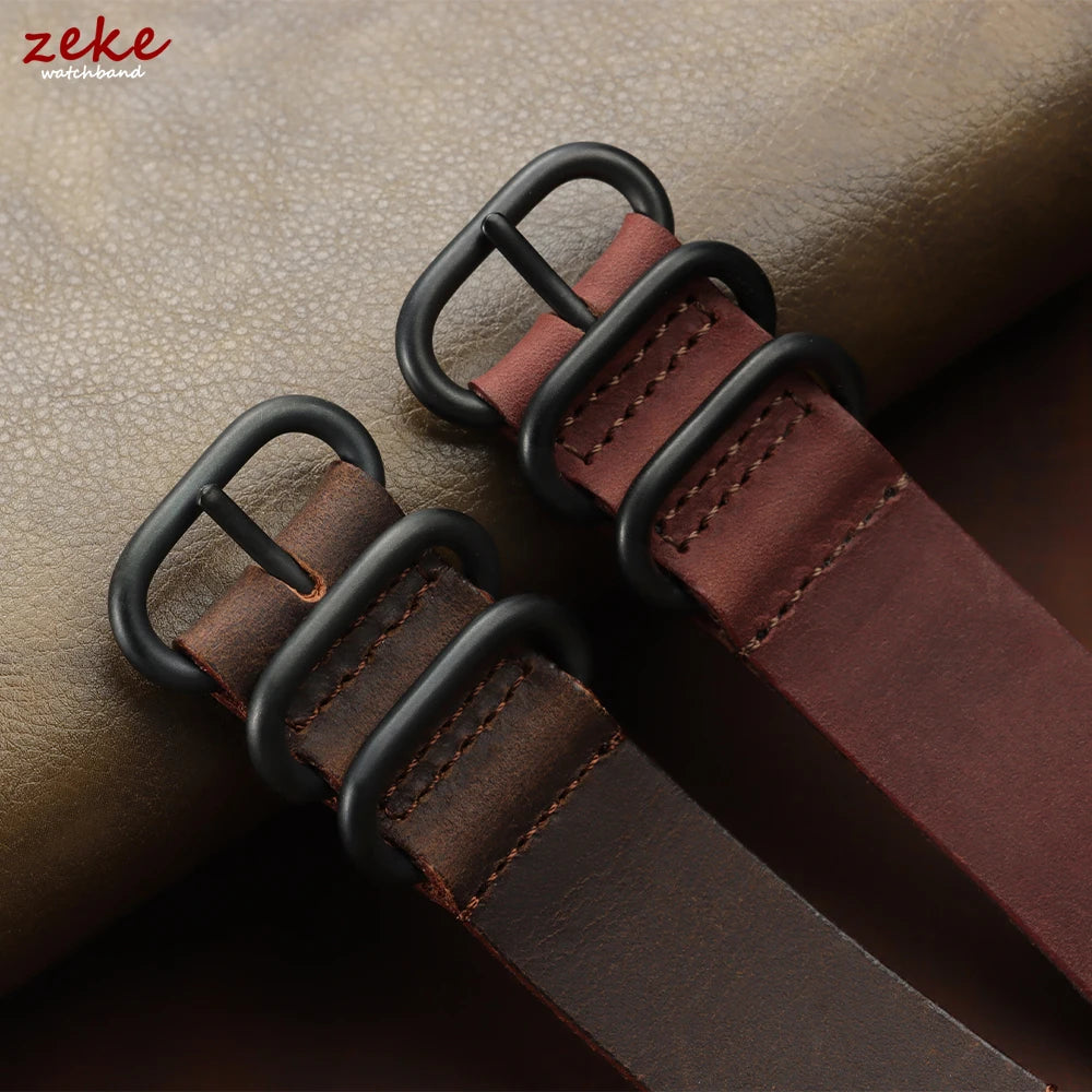 20mm 22mm Crazy Horse Leather Watch Band Black Ring Buckle Strap for Samsung Galaxy Watch 7/6/5/4 for Huawei Watch GT 5-4-3-pro