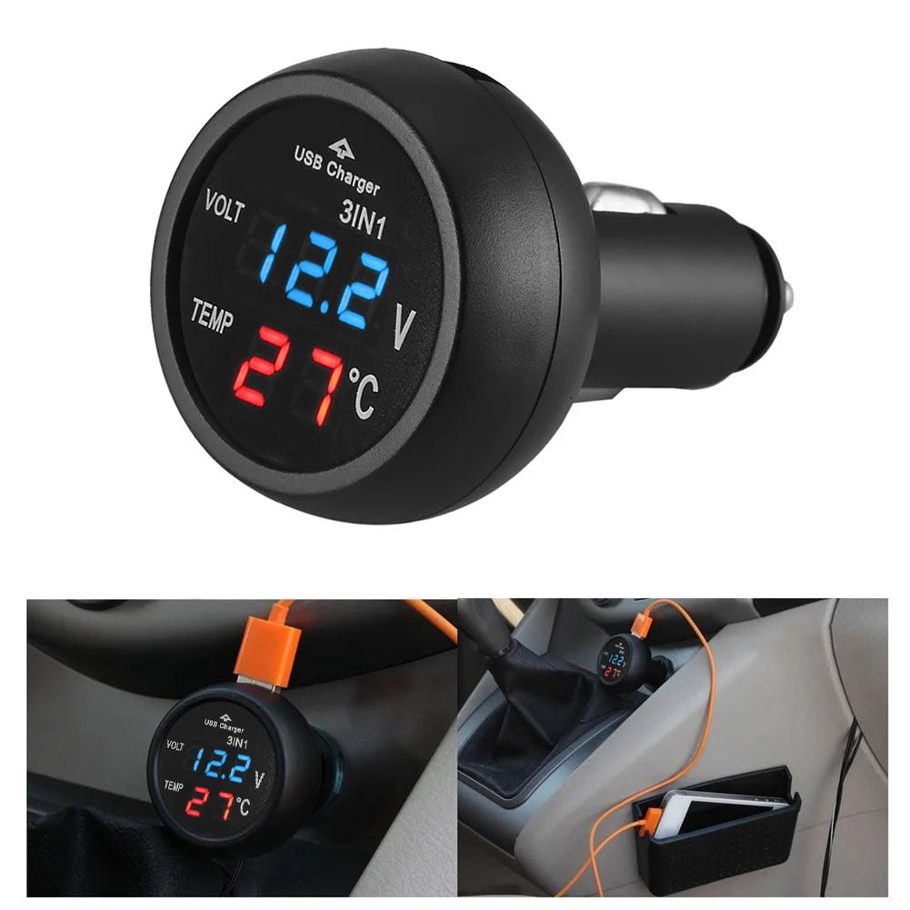 3 in 1 12/24V Car Auto LED Digital Voltmeter Gauge Thermometer USB Charger Monitor Display Charging for Phone Tablet GPS