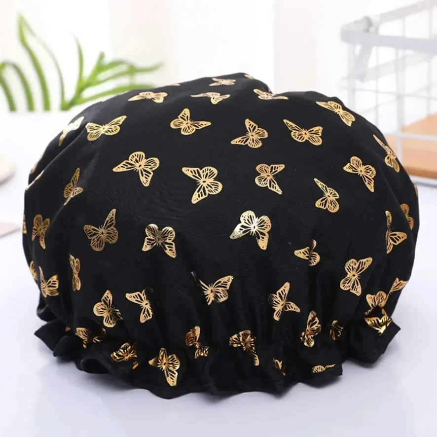 Shower cap waterproof hair cap hot gold printed polyester cotton shower cap bath lady For Women Salon Shower Supplies Wholesale