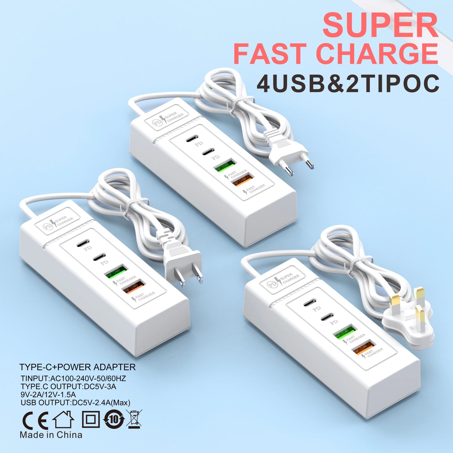 4 Port Fast Charger USB C Power Socket Fast Charging Wall Charger For iPhone 15 14 13 Xiaomi Samsung Mobile Phone Power Adapter