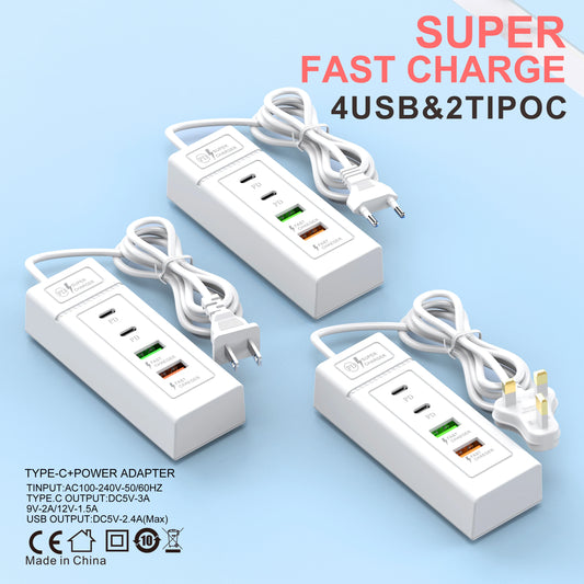 4 Port Fast Charger USB C Power Socket Fast Charging Wall Charger For iPhone 15 14 13 Xiaomi Samsung Mobile Phone Power Adapter